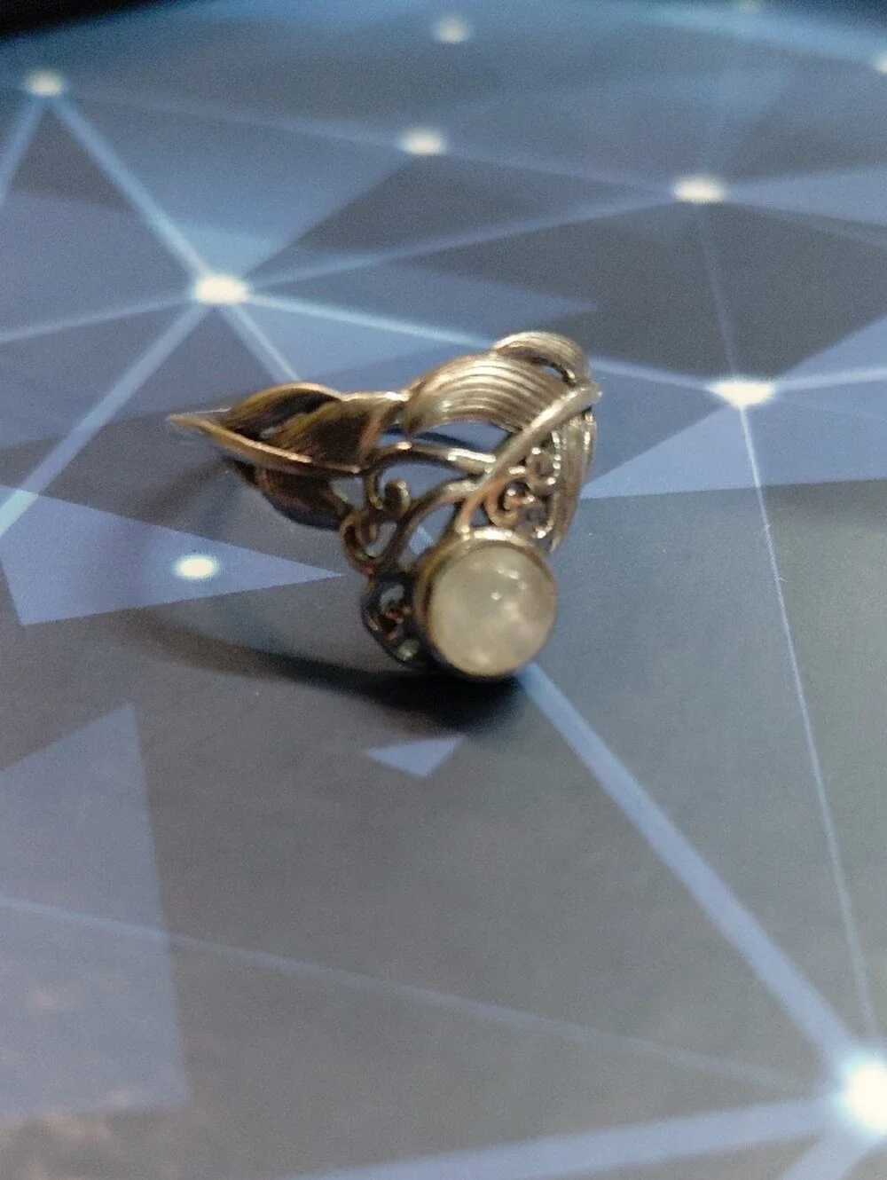 Sterling Silver Moonstone Ring - White Moonstone Leaf Design